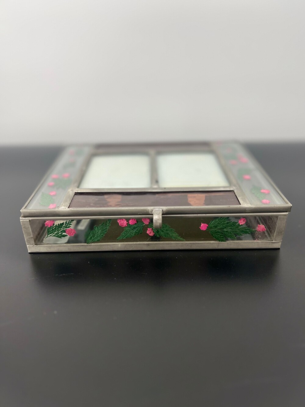 Burnes of Boston Stained Glass Pressed Flower Trinket Jewelry Box Vintage Decor